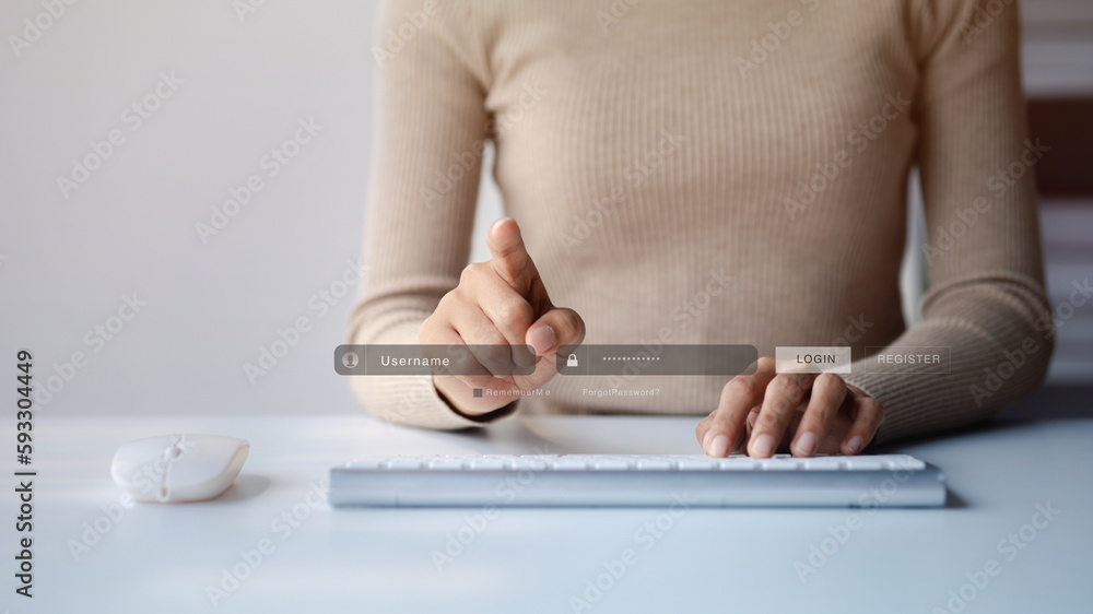 Poster an individual is typing on a laptop keyboard showing a hologram interface to a member login, a busin