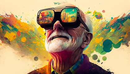 Happy old man wearing Virtual Reality headset googles  - obrazy, fototapety, plakaty