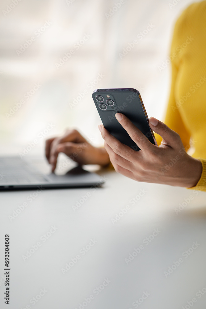 Poster a person holds a mobile phone to use social media on a smartphone, communicating via the internet on