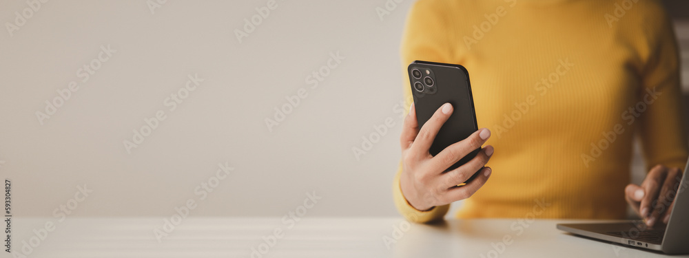 Poster a person holds a mobile phone to use social media on a smartphone, communicating via the internet on
