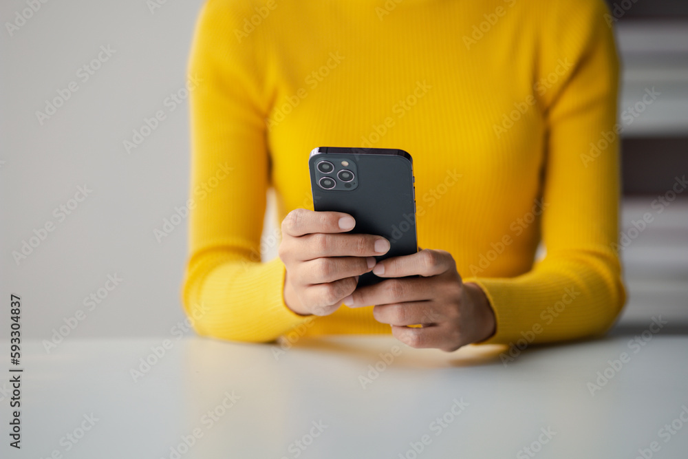Poster a person holds a mobile phone to use social media on a smartphone, communicating via the internet on