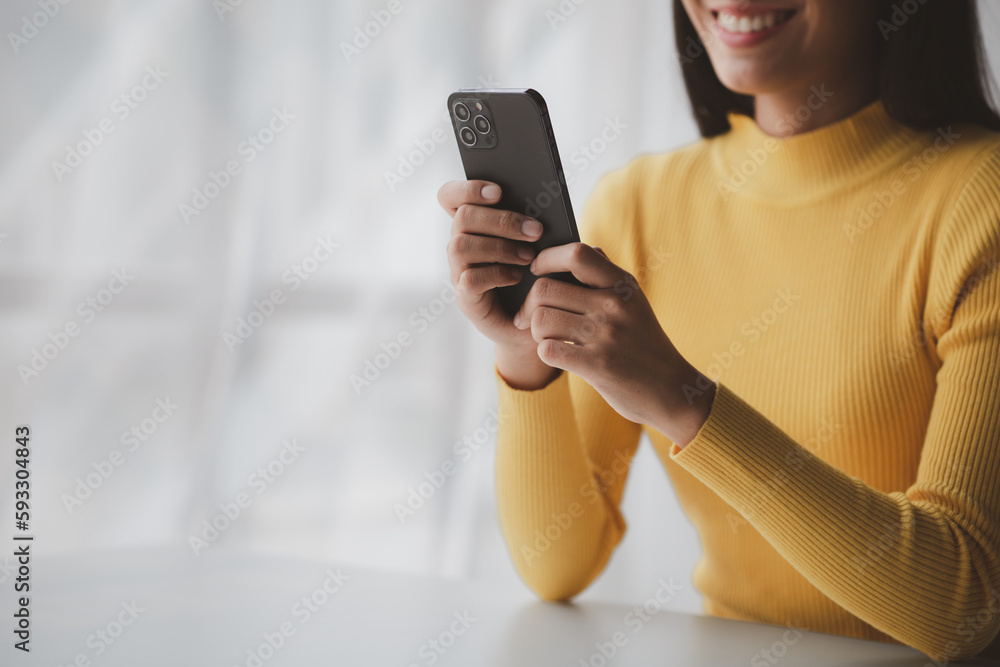 Poster a person holds a mobile phone to use social media on a smartphone, communicating via the internet on