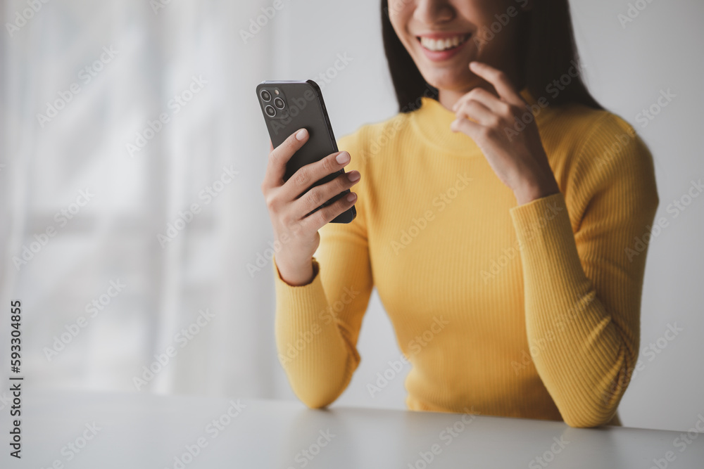 Poster a person holds a mobile phone to use social media on a smartphone, communicating via the internet on