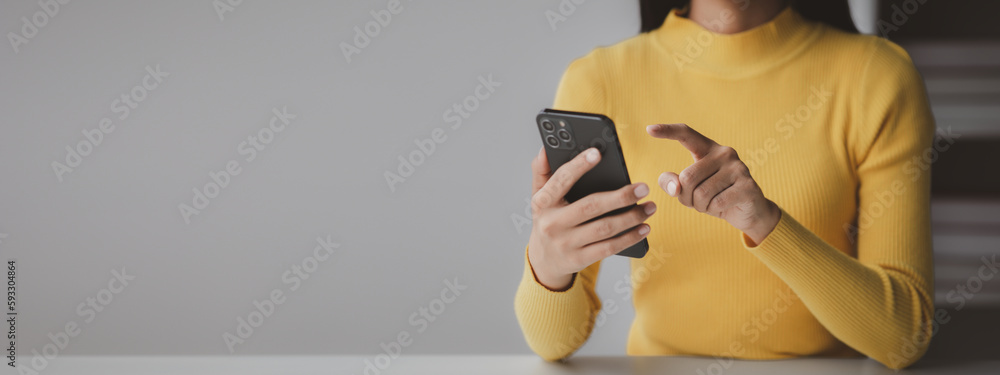 Poster a person holds a mobile phone to use social media on a smartphone, communicating via the internet on