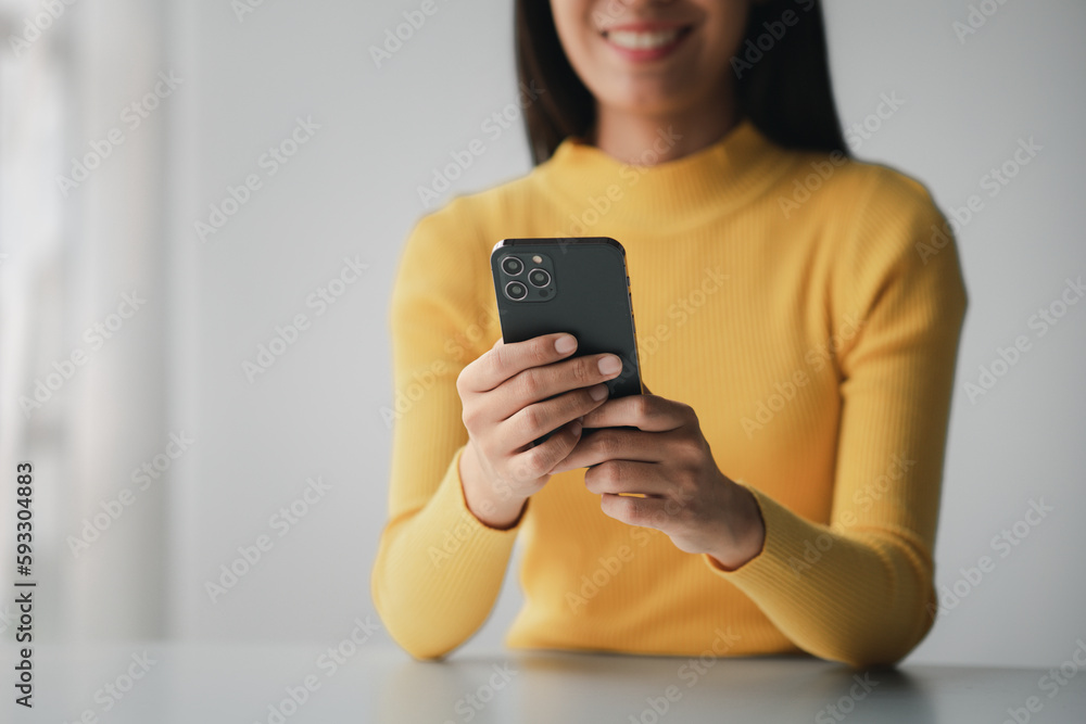 Poster a person holds a mobile phone to use social media on a smartphone, communicating via the internet on