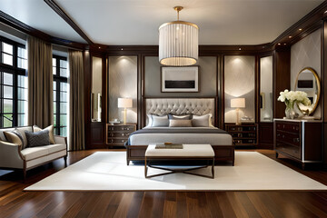 The interior design of a luxurious master bedroom with a grand four-poster bed, elegant furnishings, and a touch of glamour | Generative AI