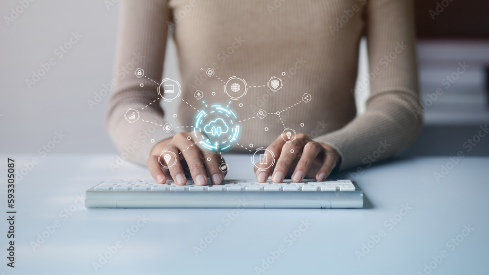 Poster user typing keyboard keys hologram cloud storage, cloud storage service concept, data safe keeping, 