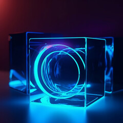 A digital artwork. Cubes are arranged in a different shades of blue and white. The background is black, creating a contrast with the bright shapes.it has a futuristic abstract style.