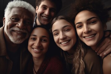 Fototapeta premium Group of multigenerational people smiling in front of camera, Multiracial friends od different ages having fun together caucasian senior faces,generative ai.