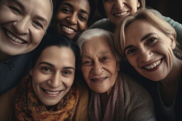 Group of multigenerational people smiling in front of camera, Multiracial friends od different ages having fun together caucasian senior faces,generative ai.