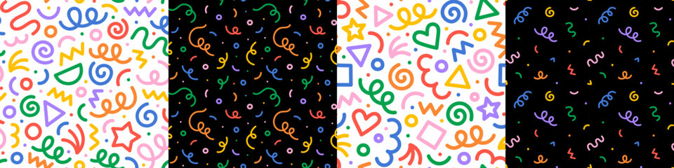 Set of fun colorful line doodle seamless pattern. Creative abstract art background collection for children or festive celebration design. Simple childish scribble wallpaper print texture bundle.