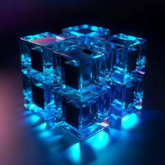 A digital artwork. Cubes are arranged in a different shades of blue and white. The background is black, creating a contrast with the bright shapes.it has a futuristic abstract style.