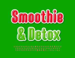 Vector creative Emblem Smoothie and Detox. Red glossy Font. Artistic Alphabet Letters, Numbers and Symbols set.