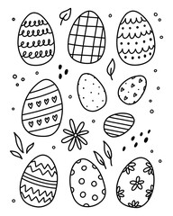 Set of cute decorated Easter eggs isolated on white background. Vector hand-drawn illustration in doodle style. Perfect for holiday designs, cards, logo, decorations.