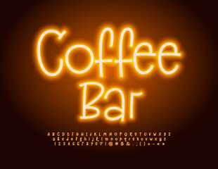 Obraz premium Vector creative poster Coffee Bar. Bright handwritten Font. Glowing light Alphabet Letters and Numbers set