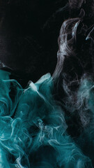 Smoke veil. Paint water. Night haze. Teal blue color glitter dust particles mist floating on dark black abstract art background with copy space. - obrazy, fototapety, plakaty