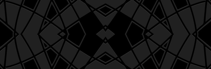 Banner, cover design. Embossed ethnic geometric 3d tribal boho pattern, handmade, ornaments. Black background, press paper. Creativity of the East, Asia, India, Mexico, Aztecs, Peru.