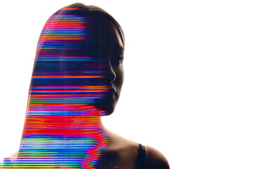 Glitch face art portrait. Beauty distortion. Double exposure pink blue purple color analog lines...