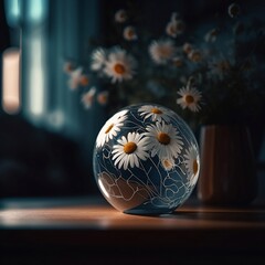 water-globe-on-wood-surface-spring-flower-background. AI generated.