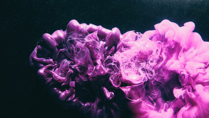 Ink splash. Color smoke. Paint water. Fantasy magic. Purple pink color glossy fume cloud dust...