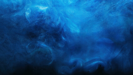 Fototapeta Shiny smoke. Glitter fluid. Ink water. Magic mist. Blue color particles texture paint vapor storm wave on dark black abstract background. obraz