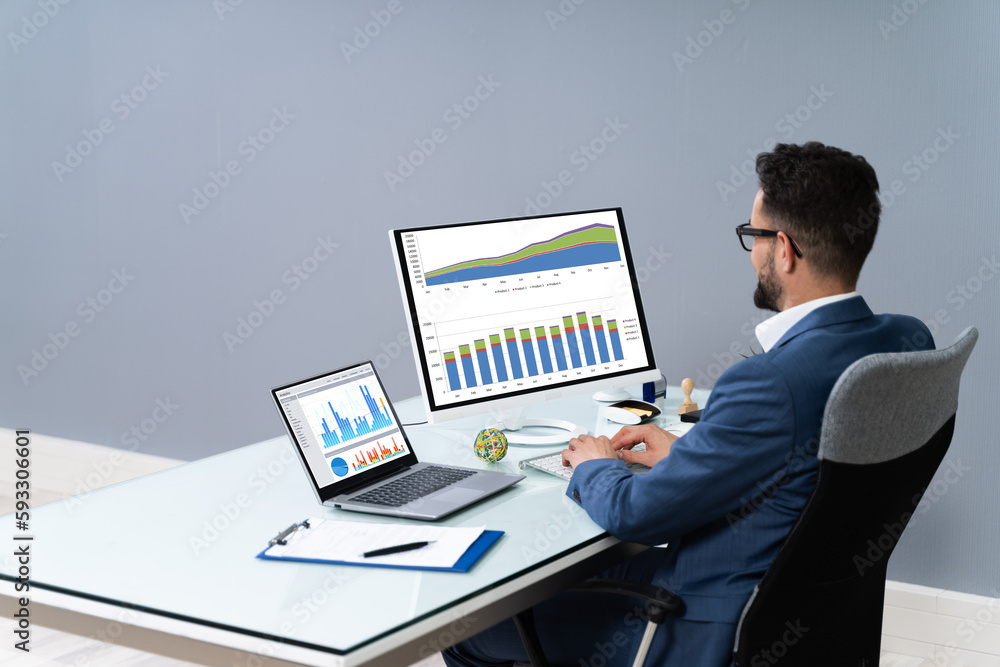 Poster business analyst man working on computer