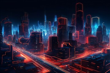 future-city-red-white-blue-neon-glowing-lights-background. AI generated.