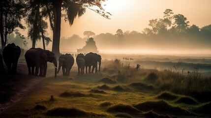 Fototapeta na wymiar Elephants passing through rural forest in kerala