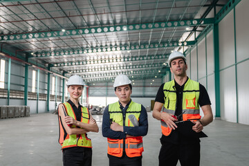 Team engineers workers planning and talking in empty warehouse to design the arrangement of product...