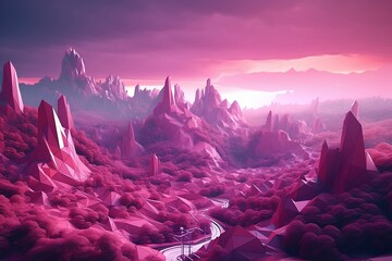  future-abstract-geometric-purple-mountain-landscape-background. AI generated.