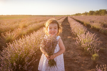 Close-up portrait of little girl in flower dress holding bouquet with purple lavender at sunset. Child stands among the rows in field. Walk in countryside. Allergy concept. Natural products, perfumery