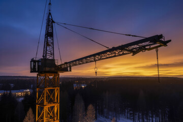 Construction crane closeup at twilight, with cityscape background. High quality generative ai