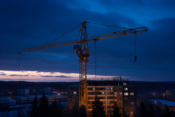 Construction crane at twilight, with cityscape background. High quality generative ai