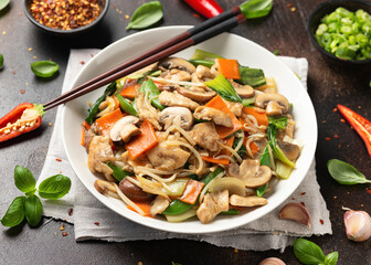 Chicken Chop Suey in white plate. Take away food