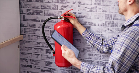 Worker Installing Fire Extinguisher. Inspection Service
