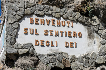 Sign on the Sentiero degli dei trail ( path of the Gods) on the Amalfi coast, Italy. Welcome on the...