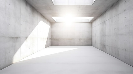 moderne pareti vuote in cemento bianco e grigiastro, luce da ampia vetrata, ideale per inserimento prodotto, copy space, ambiente ultramoderno, intelligenza artificiale - obrazy, fototapety, plakaty