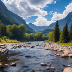 landscape of a river stream with rocks, mountains and woods in the background, Generative AI