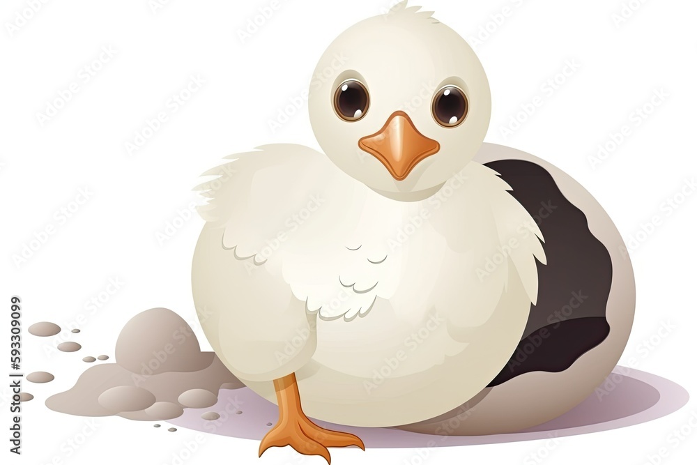 Poster white backdrop with a cute duckling clutching a worm. generative ai