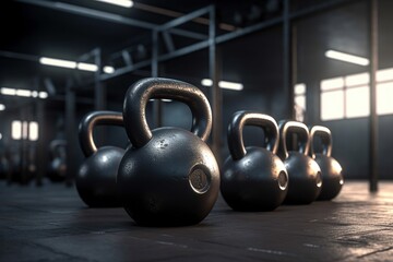 Fototapeta na wymiar Empty Warehouse Gym, Rows of Kettlebells and Dumbbells, Awaiting Fitness Enthusiasts, Optimized by Generative AI