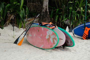 sup boards and paddles on the beach, Boracay