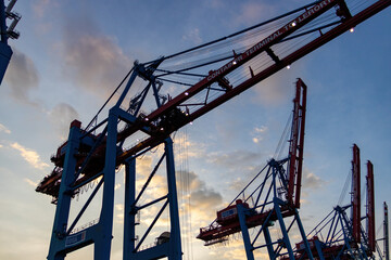 The busy harbour of Hamburg showing a skyline of cranes and container ships at sunset
