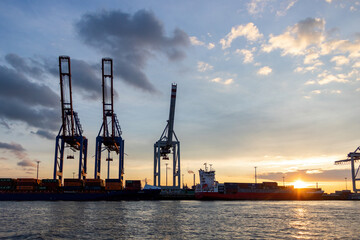 Obraz premium The busy harbour of Hamburg showing a skyline of cranes and container ships at sunset 