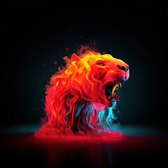lion made of lava, water liquid, neon