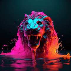 lion made of lava, water liquid, neon