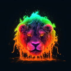 lion made of lava, water liquid, neon