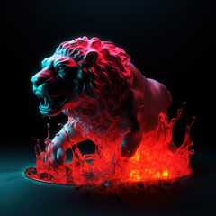 lion made of lava, water liquid, neon