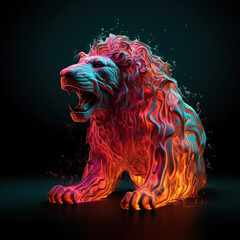 lion made of lava, water liquid, neon