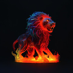 lion made of lava, water liquid, neon