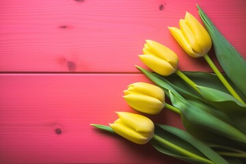 Tulip bouquet with copy space. Natural frame composition of spring flowers. Bouquet of yellow tulips flowers on vintage pink wooden background